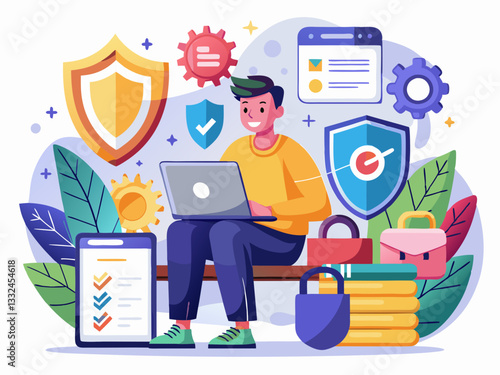 Cybersecurity and Data Protection Vector Art of Online Security with Shield Icons on White Background