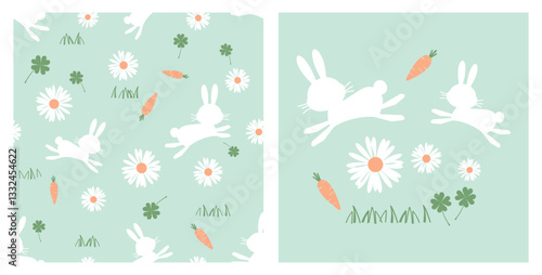 Seamless pattern with bunny rabbit cartoons, daisy flower, clover leaves and grass on green background vector.