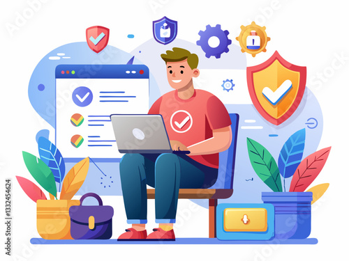 Cybersecurity and Data Protection Vector Art of Online Security with Shield Icons on White Background