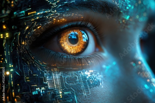 A close-up of a human eye overlaid with a futuristic circuit board, symbolizing technological integration with the human body.