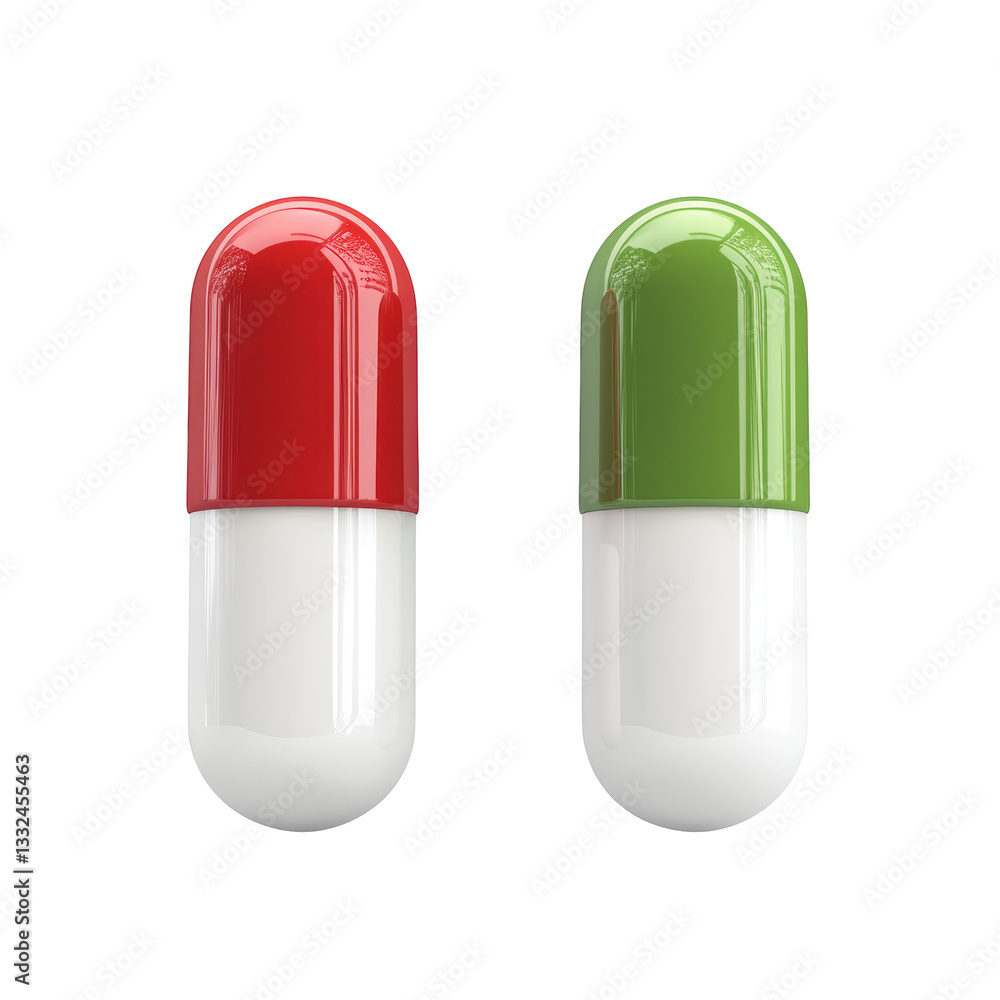 Isolated Two-Tone Medical Capsules in Red and Green Isolated Two-Tone Medical Capsules in Red and Green
