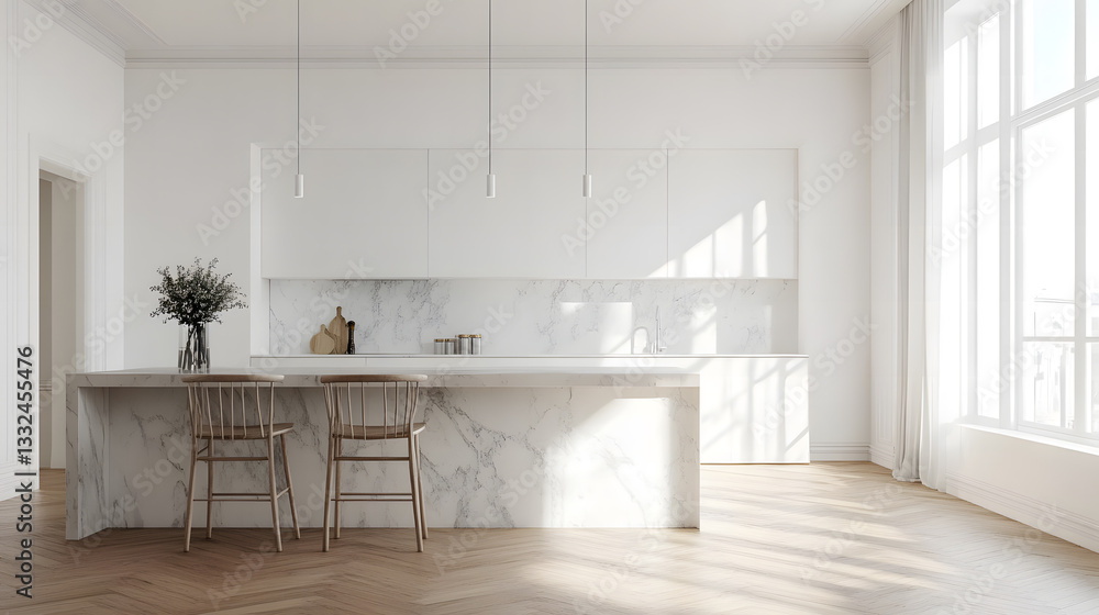 Fototapeta premium Modern Minimalist Kitchen Interior Design with Marble Island and Wooden Floor
