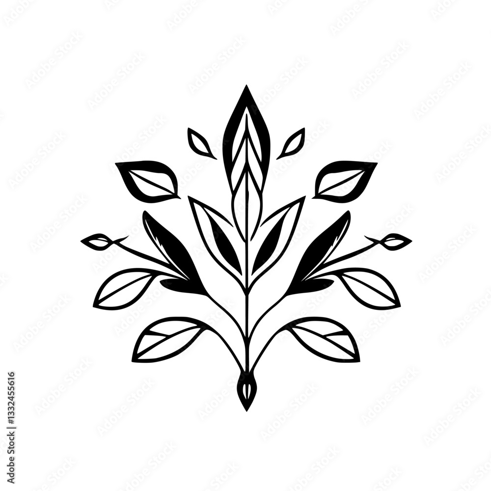 Symmetrical black and white minimalist botanical illustration featuring stylized leaves and plant-like forms arranged in a symmetrical design. Symmetrical black and white minimalist botanical illustration featuring stylized leaves and plant-like forms arranged in a symmetrical design.