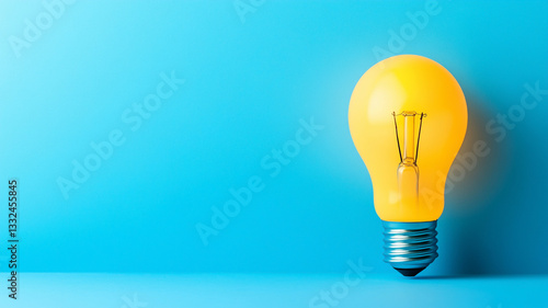 Bright yellow light bulb on blue background, symbolizing creativity and ideas