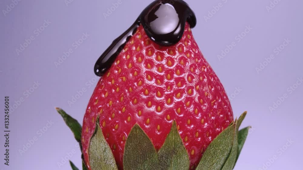 Strawberries twisting and watering chocolate on white background, close-up.
