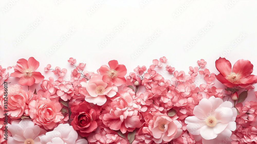 Bouquet of roses and peonies, spring bouquet and blossoms. Horizontal border, isolated on white Bouquet of roses and peonies, spring bouquet and blossoms. Horizontal border, isolated on white