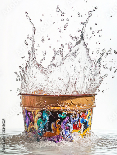 Dynamic water splash from a bucket during Songkran, isolated on a white background --ar 3:4
