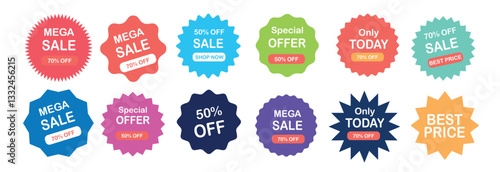 Sale labels. Ad promo badges. Colorful sale banners promoting discounts and special offers for shopping events