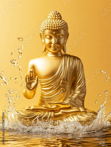A golden Buddha statue being gently bathed in water, isolated on a plain backdrop --ar 3:4