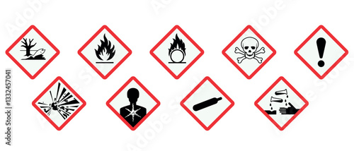 Globally Harmonized System GHS Warning Signs. Hazard symbols illustrating different types of dangers and safety precautions for various environments