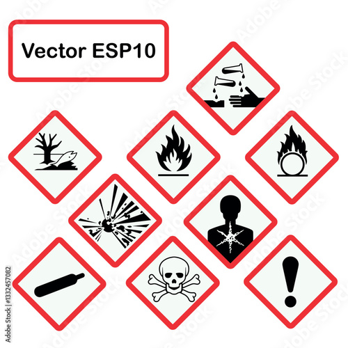 Globally Harmonized System GHS Warning Signs. Safety symbols used for hazardous material handling and identification in workplace environments