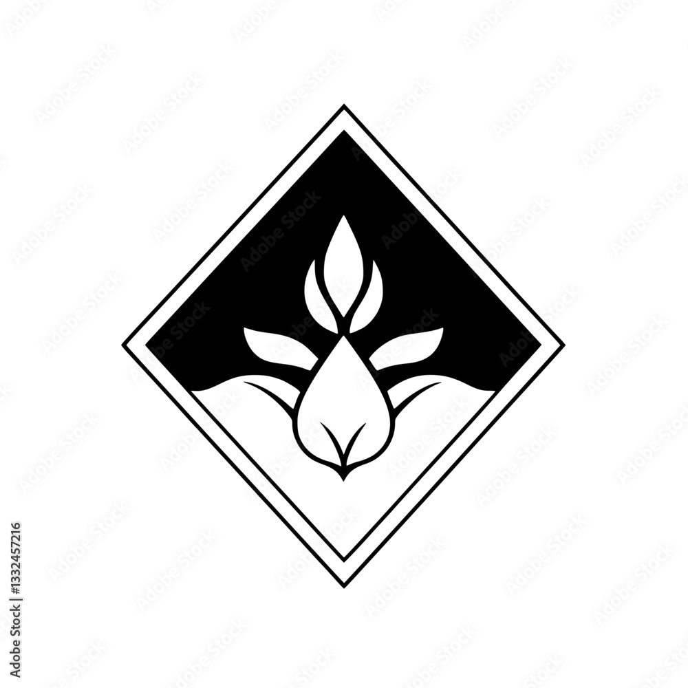 Bold Geometric Black & White Design: Symmetrical Floral Emblem Inside a Diamond Frame, Minimalist Style, Nature-Inspired Aesthetics. Bold Geometric Black & White Design: Symmetrical Floral Emblem Inside a Diamond Frame, Minimalist Style, Nature-Inspired Aesthetics.