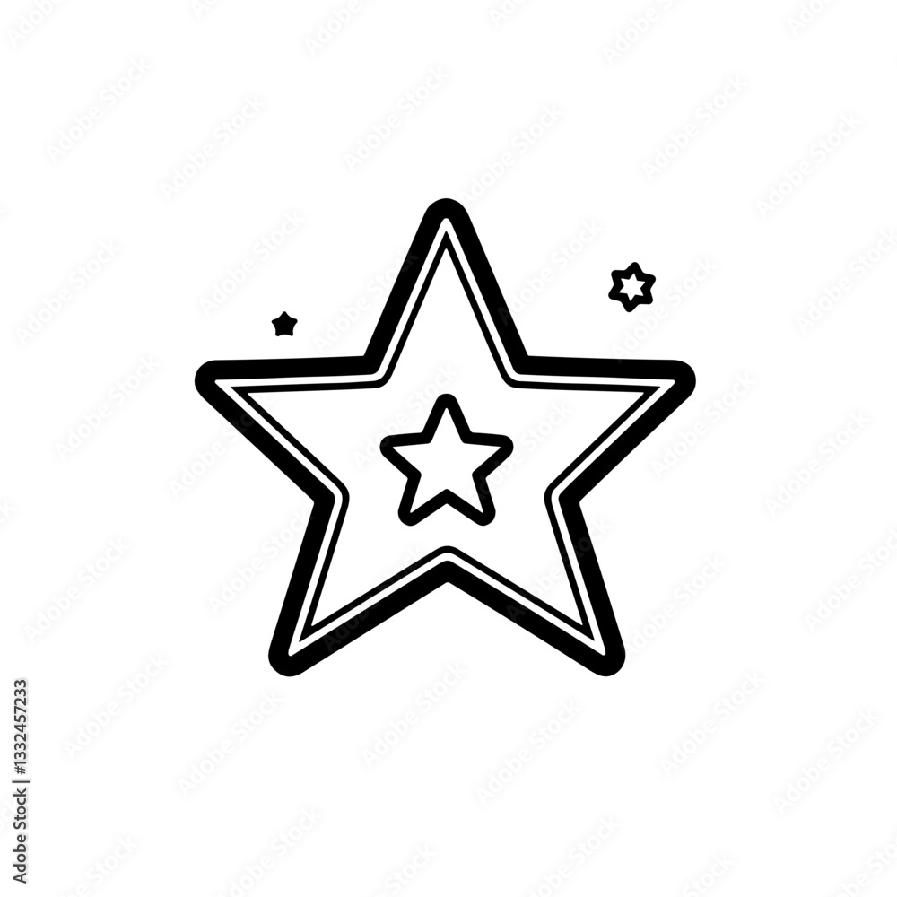 Star with inner star and sparkles in black and white outline. Minimalist geometric star with an inner shape outline Star with inner star and sparkles in black and white outline. Minimalist geometric star with an inner shape outline