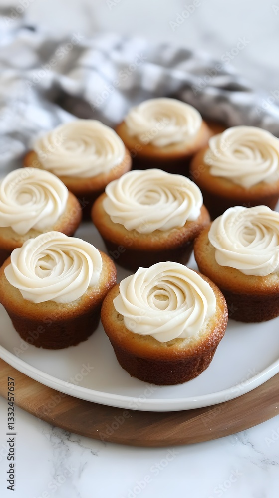 Delicious Vanilla Cupcakes with Swirled Frosting on White Plate Delicious Vanilla Cupcakes with Swirled Frosting on White Plate
