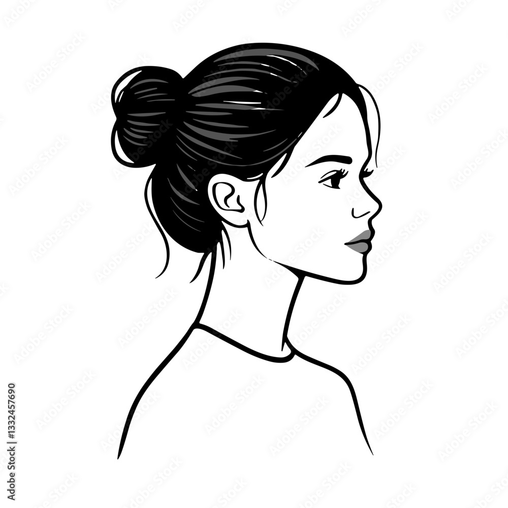 Elegant woman profile illustration in black and white. Stylish female silhouette with a bun hairstyle Elegant woman profile illustration in black and white. Stylish female silhouette with a bun hairstyle