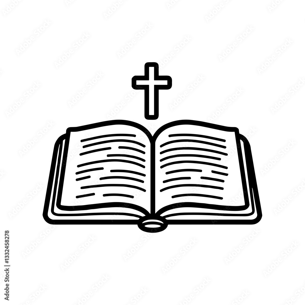 Open Bible with cross icon in black and white line art. Open Bible with cross icon in black and white line art.