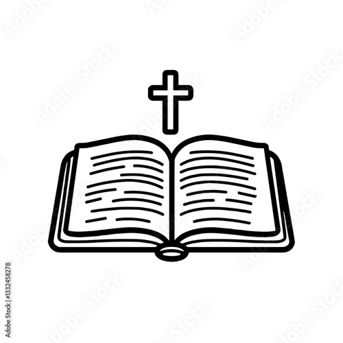 Open Bible with cross icon in black and white line art.