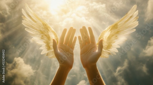 a pair of open hands reaching towards the viewer, with angel wings spread behind them; ethereal light filtering through white clouds above; soft and warm color palette with highlights on each hand's