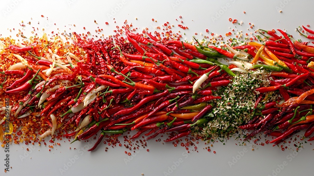Naklejka premium Vibrant Assortment of Fresh Chile Peppers and Spices Displayed on a White Surface for Culinary Inspiration
