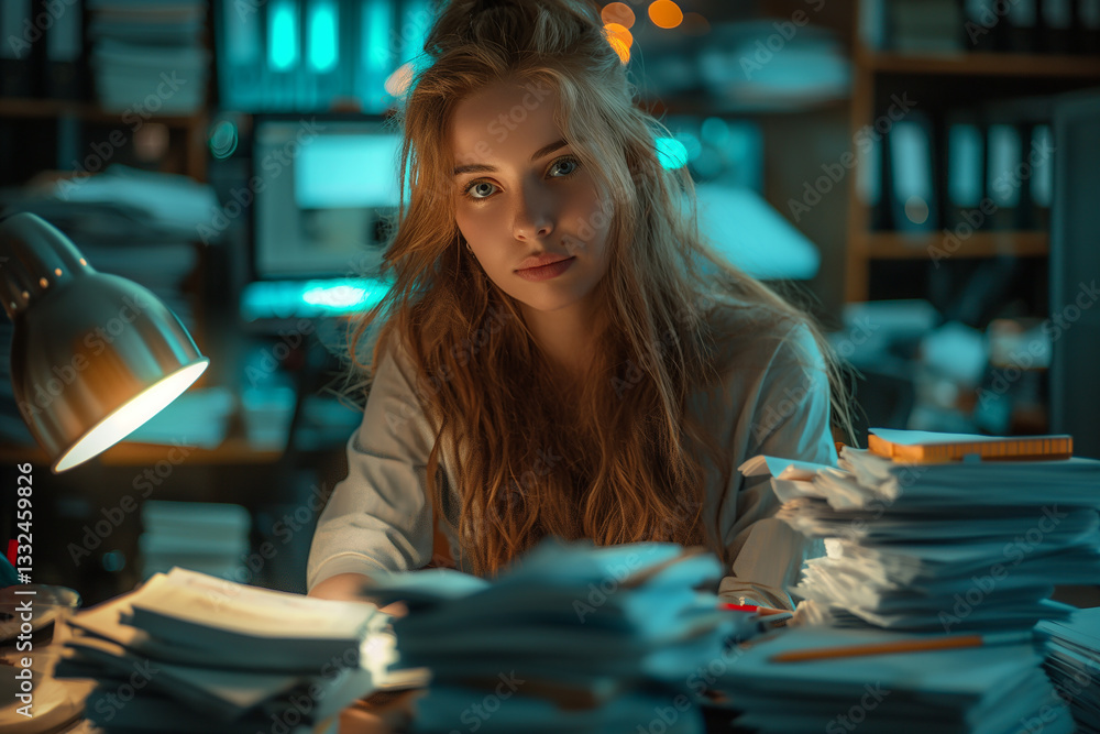 Fototapeta premium A woman is sitting at a desk with a pile of papers in front of her