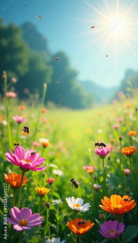 Sun-drenched meadow teeming with buzzing insects and colorful blossoms , green, sunlight Sun-drenched meadow teeming with buzzing insects and colorful blossoms , green, sunlight