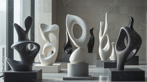 Contemporary Abstract Sculpture Exhibition in Modern Museum with Artistic Atmosphere, Monochromatic Contrast and Innovative Design for the Cultural World – Generative AI