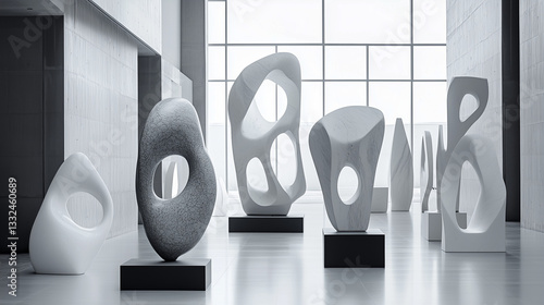 Contemporary Abstract Sculpture Exhibition in Modern Museum with Artistic Atmosphere, Monochromatic Contrast and Innovative Design for the Cultural World – Generative AI