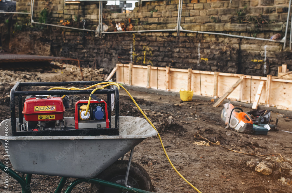 Fototapeta premium Construction site with wheelbarrow, generator, and power tools