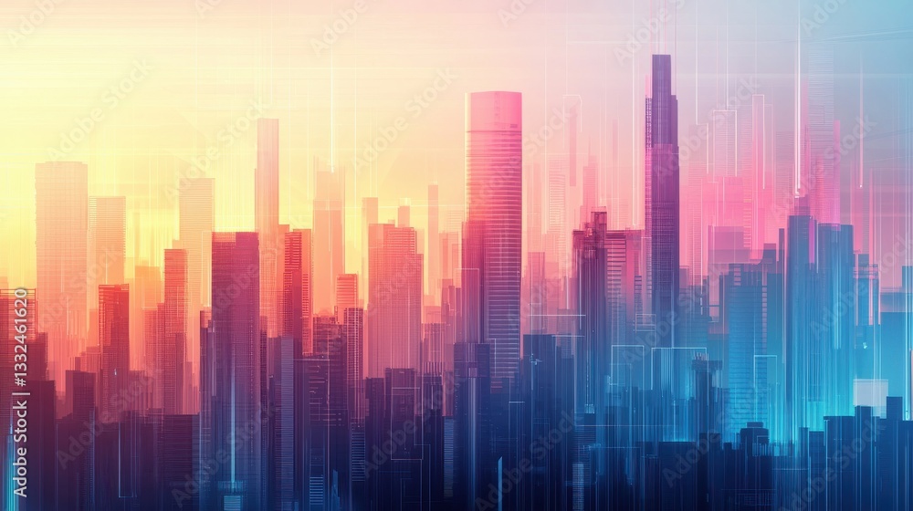 Fototapeta premium Modern City Skyline at Sunset with Vibrant Colors and Lights