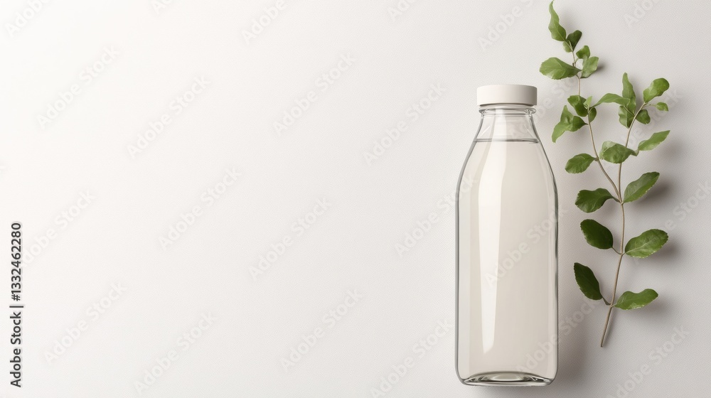 Fresh milk bottle with green leaves beside it. Fresh milk bottle with green leaves beside it.