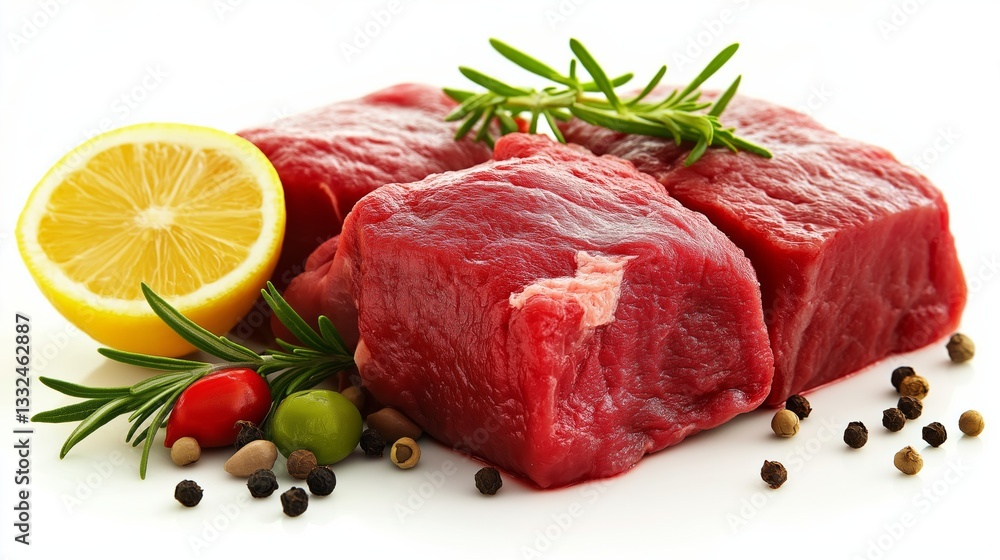 Fresh raw beef cubes are garnished with rosemary, peppercorns, and a lemon slice, providing a vibrant and aromatic arrangement for gourmet kitchen preparations.