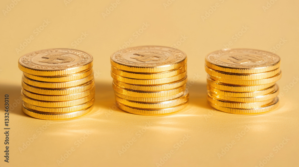Stacks of gold coins on a yellow background. Stacks of gold coins on a yellow background.