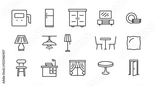 Home decor, decorations line icon set. Interior Design, Furniture, Room Layout, Lighting, Curtains, cooking, kitchen, living room, bedroom, and bathroom icon collection. UI thin outline icon pack
