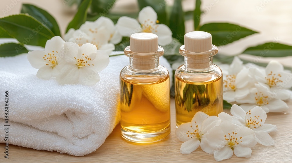 Small glass bottles of facial oil rest next to soft towels and delicate jasmine flowers, creating a calming atmosphere for skincare Small glass bottles of facial oil rest next to soft towels and delicate jasmine flowers, creating a calming atmosphere for skincare