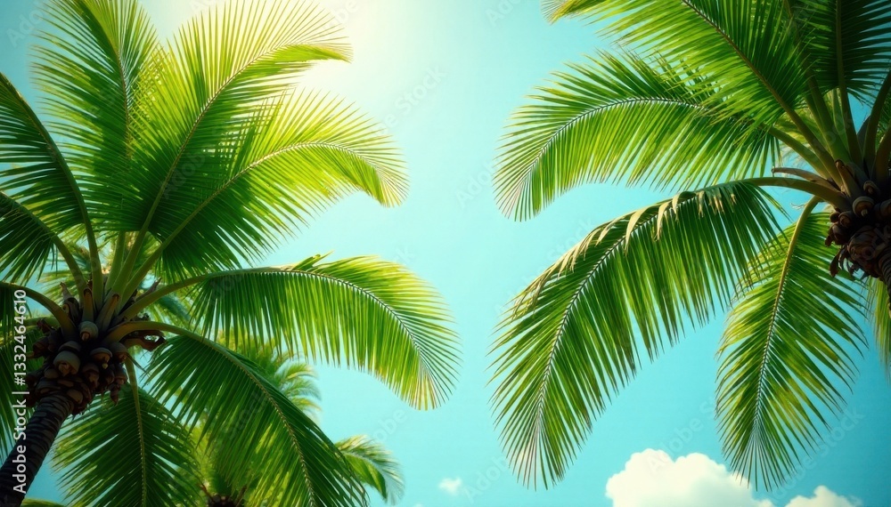 Fototapeta premium Vibrant green palms sway gently in a warm breeze , idyllic, scenic, flora