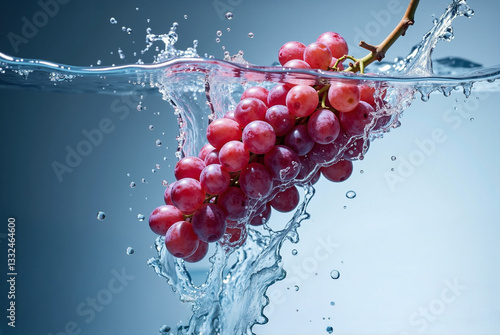Bunch of red grapes falling into the water.