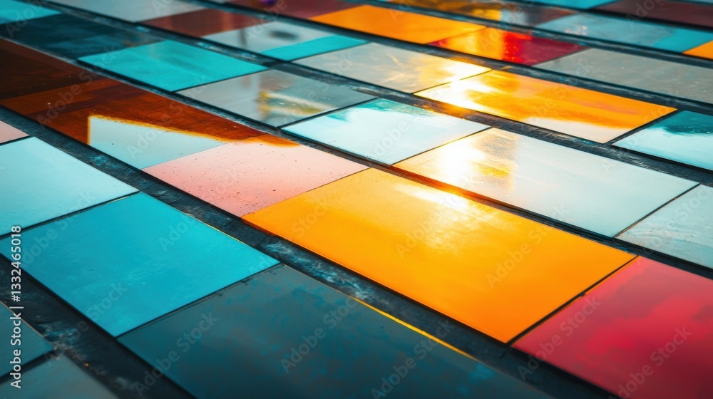 Fototapeta premium A solar panel field reflecting the rising sun in vibrant colors