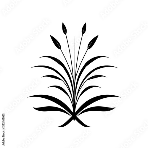 A symmetrical, minimalist black and white botanical illustration featuring stylized grass blades and seed heads, exuding simplicity and elegance.