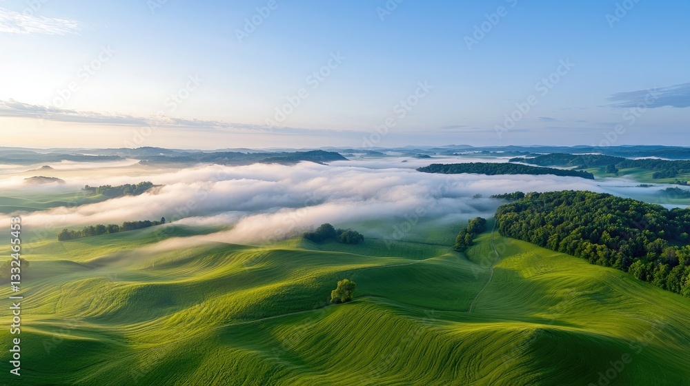 Serene Green Hills Surrounded by Misty Fog in Early Morning Light Serene Green Hills Surrounded by Misty Fog in Early Morning Light