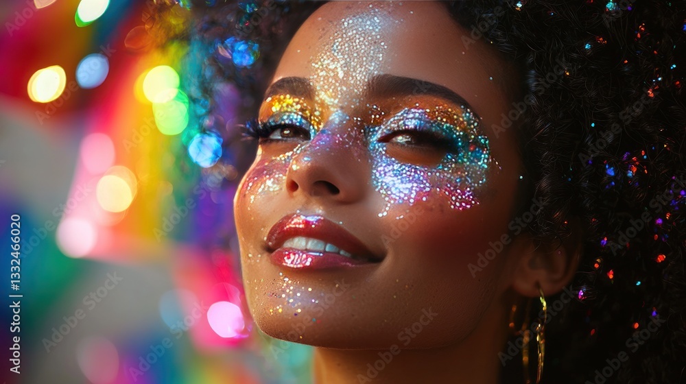 Fototapeta premium Glittery Carnival Makeup, Smiling Woman, Festive Lights