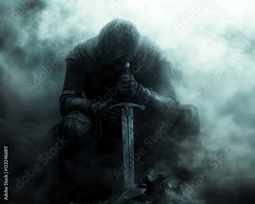 A lone warrior sits in contemplation, shrouded in mist, reflecting on battles fought and the journey ahead.