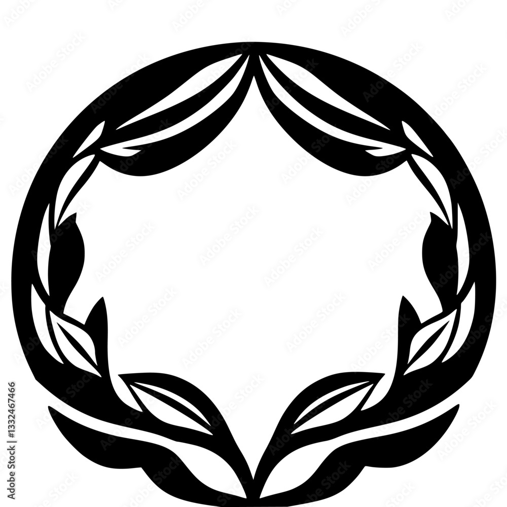 Obraz premium Monochromatic Circular Foliage Emblem: A Symmetrical Black and White Vector Illustration of a Botanical Border Design, Leaf-Shaped Elements