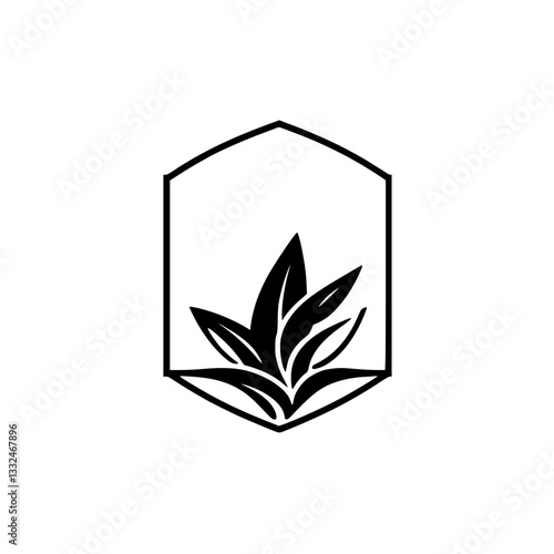 A stylized, black-and-white illustration of a plant with large, pointed leaves enclosed within a hexagon-shaped frame.