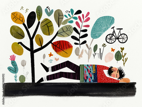 A man sleeping on the ground in the woods. A cyclist taking a nap in the nature. AI-generated illustration