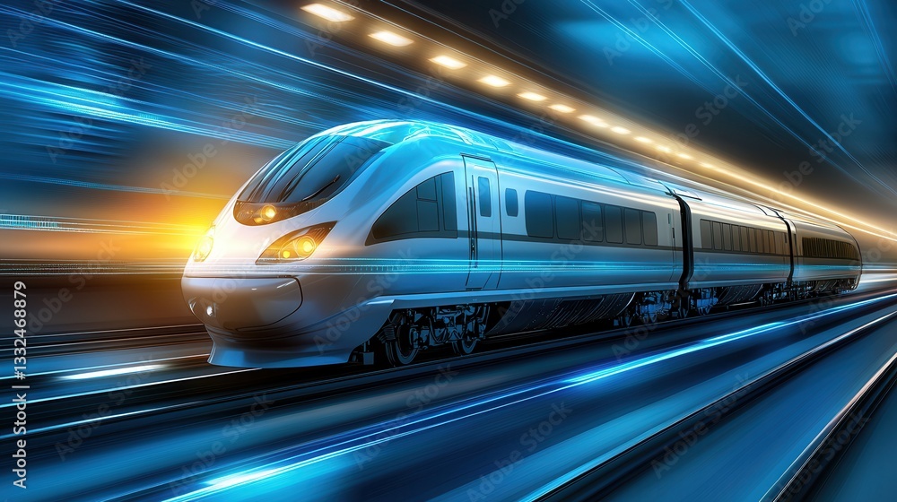 A high speed streamlined train blurring through the city its futuristic wireframe design illuminated by glowing lights and reflective surfaces A high speed streamlined train blurring through the city its futuristic wireframe design illuminated by glowing lights and reflective surfaces