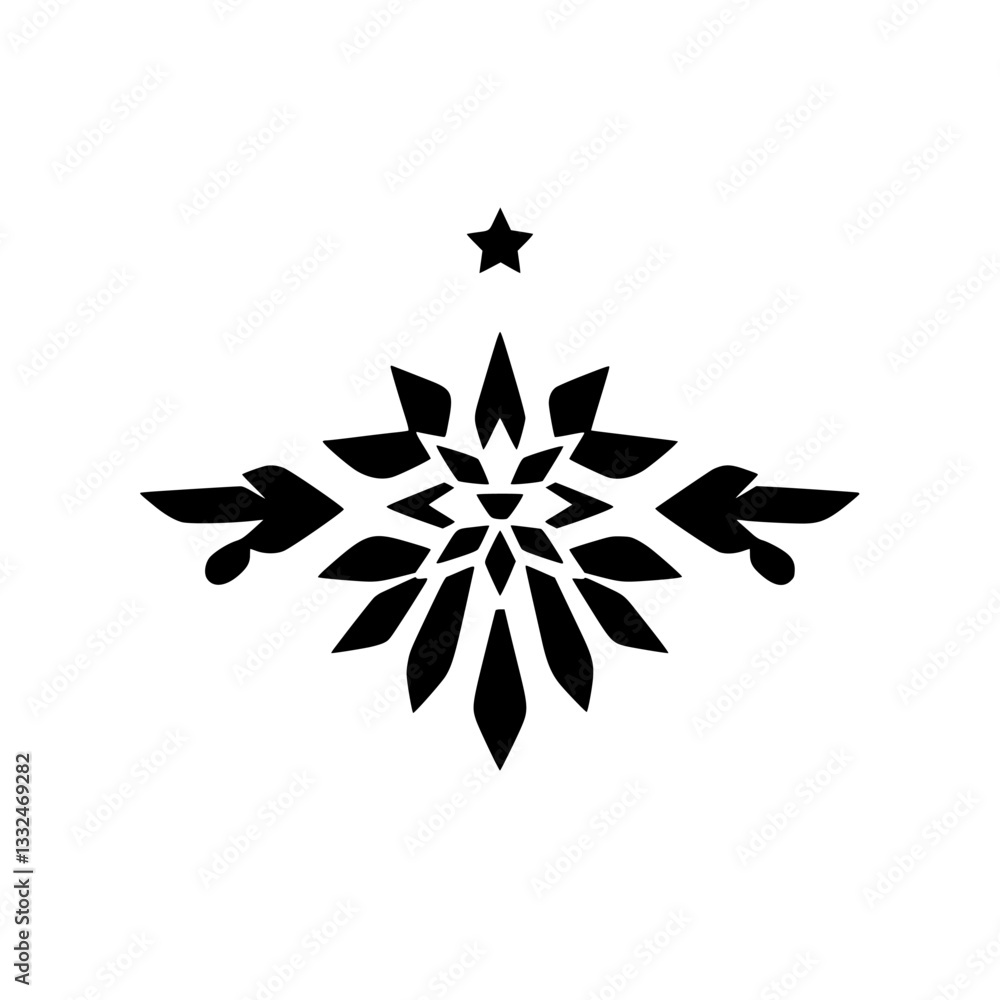 Obraz premium Intricate symmetrical black and white snowflake-like design with a five-pointed star on a white background.