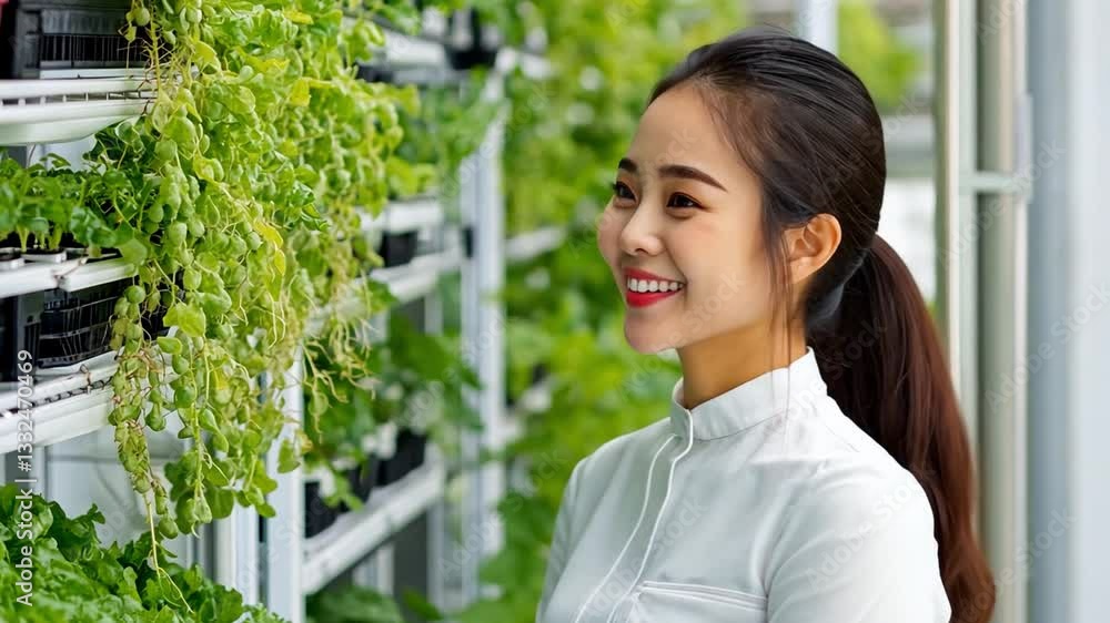 Smiling asian woman enjoying indoor vertical garden with fresh herbs and greens in urban space Smiling asian woman enjoying indoor vertical garden with fresh herbs and greens in urban space