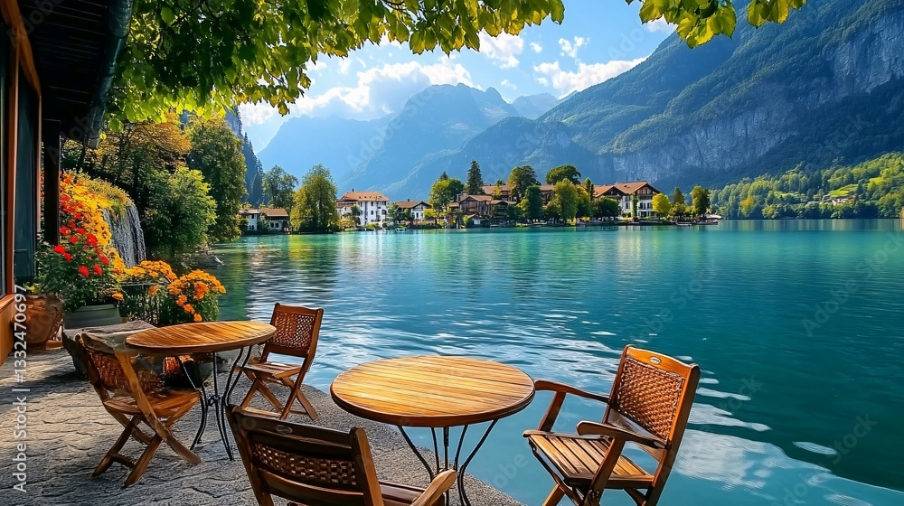 Fototapeta premium Wooden tables and chairs sit beside a beautiful lake scene