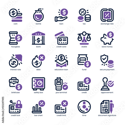 Credit and Loan Icon pack for your website, mobile, presentation, and logo design. Credit and Loan Icon dual tone design. Vector graphics illustration and editable stroke.