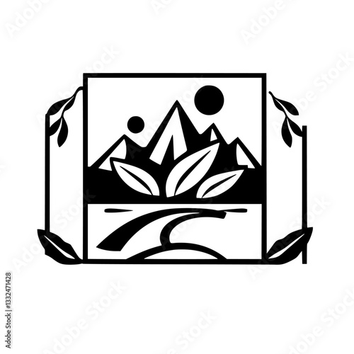 Black and white geometric nature scene: mountains, sun, leaves, and a winding path contained within a rectangular frame adorned with additional leaf details.